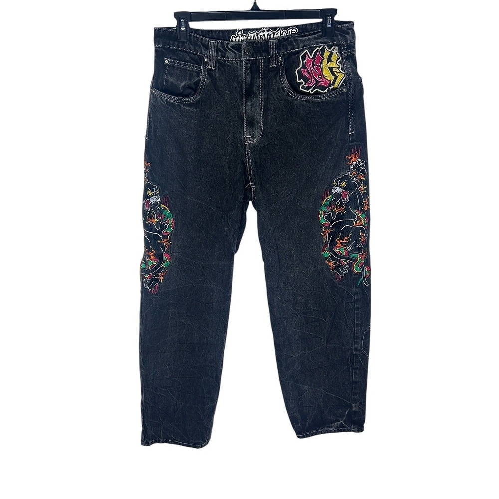 Ambush Mens‎ 32 Baggy Jeans Acid Wash Black Embroidered Panther Snake Y2K Street